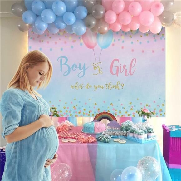 Boy or Girl Gender Reveal Decoration, Blue or Pink Dots Balloon Party Backdrop - Picture 4 of 7